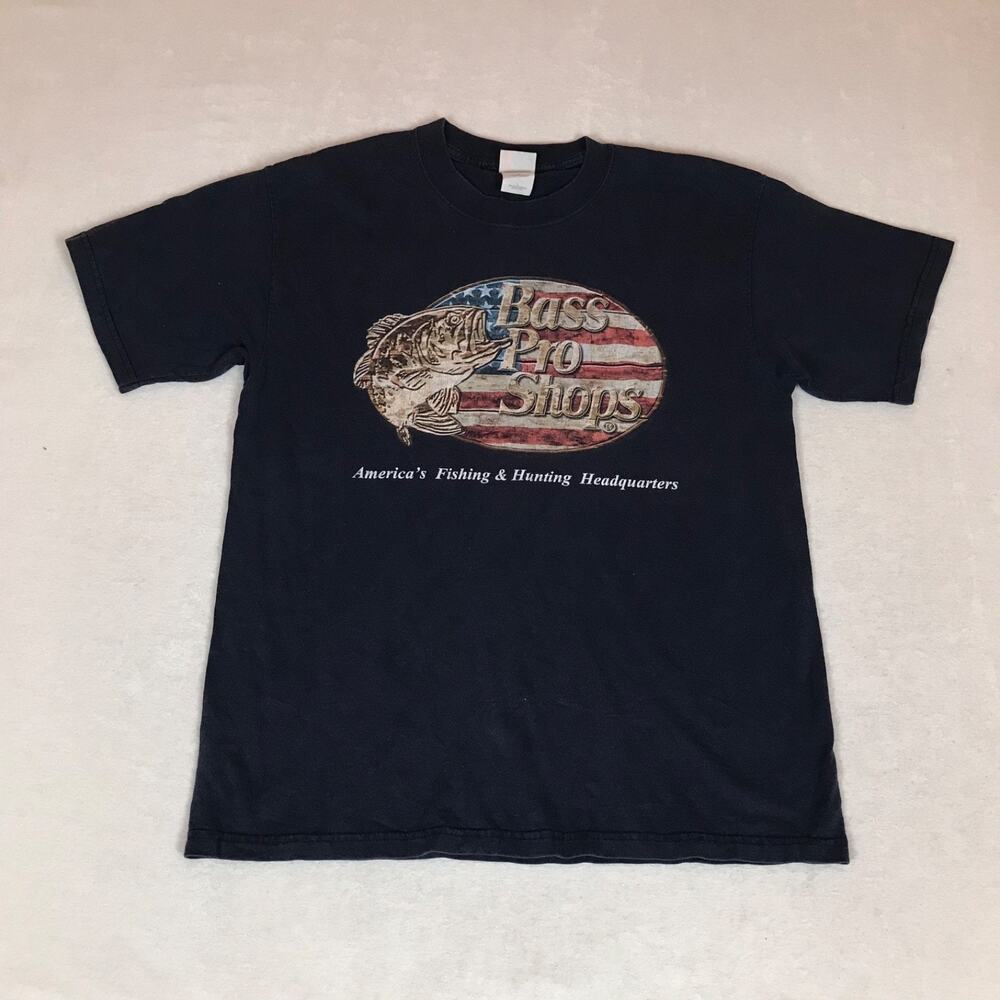Bass Pro Fishing Hunting American Flag Gorpcore Black Cotton Tee Large